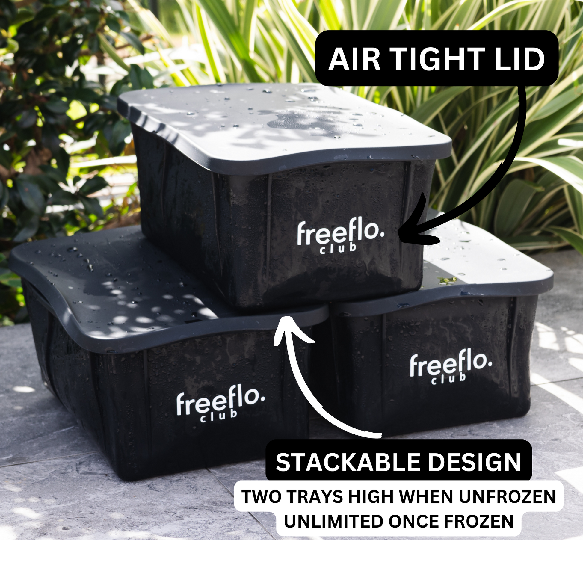 Large Ice Trays with airtight lid and stackable design.