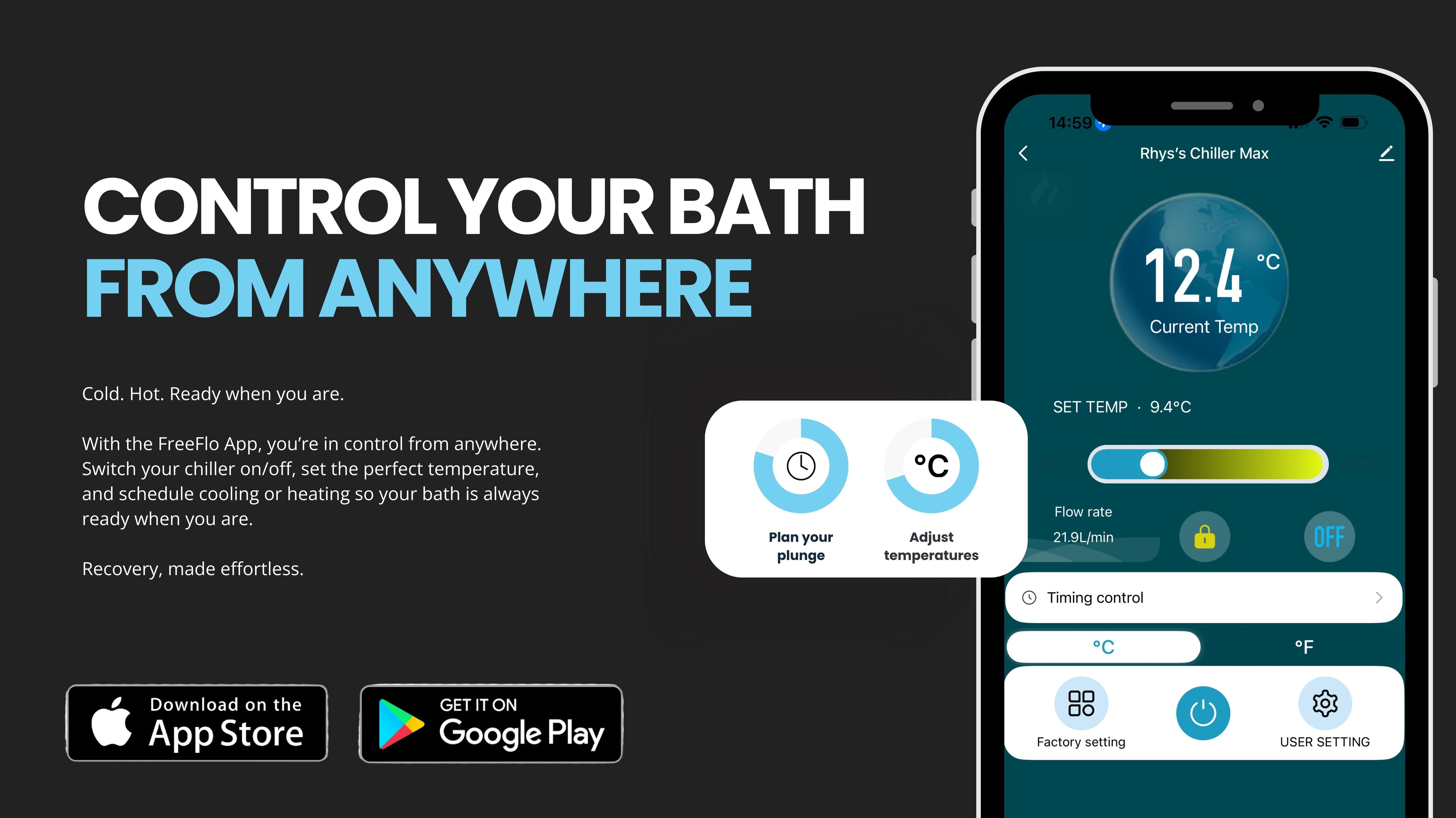 Graphic showing Freeflo ice bath chiller controlled via smartphone app for temperature adjustment.